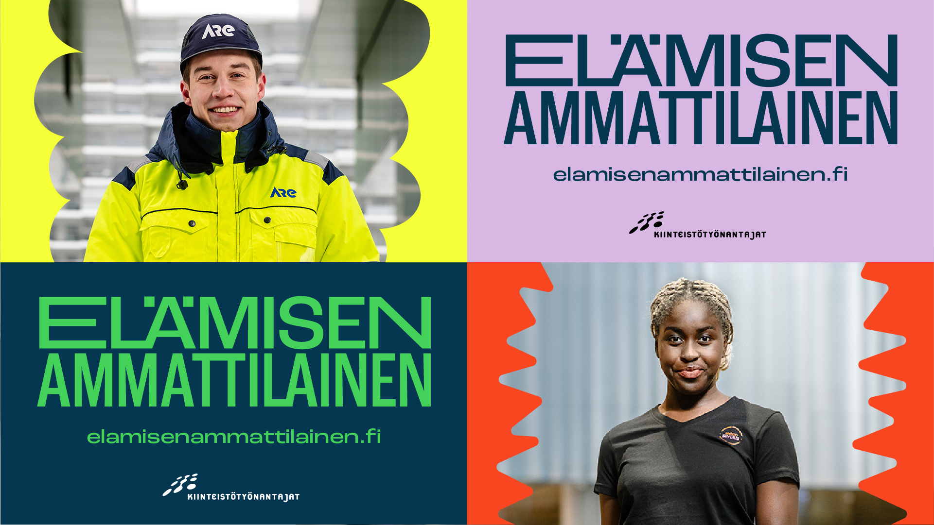 Kuvakollaasi Elämisen ammattilainen -kampanjasta: vasemmalla ylhäällä kiinteistöalan työntekijä keltaisessa Are-työtakissa ja sinisessä lippalakissa, oikealla ylhäällä ja vasemmalla alhaalla kampanjan tunnus "Elämisen ammattilainen" ja verkkosivun osoite elamisenammattilainen.fi, oikealla alhaalla toinen työntekijä mustassa työpaidassa punasävyisessä ympäristössä.