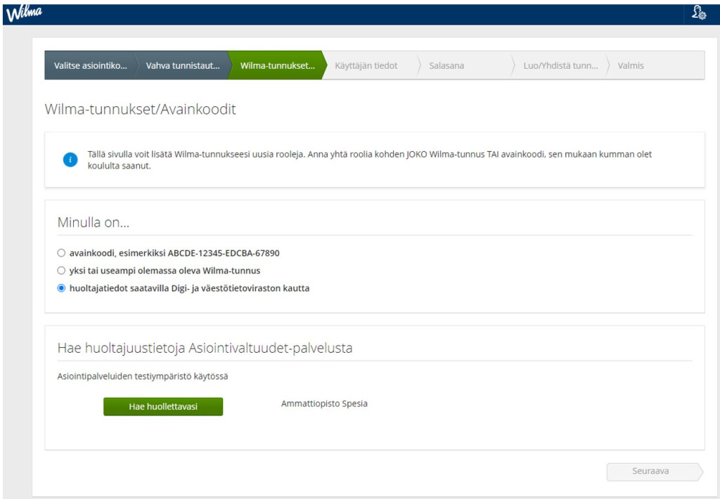 Minulla on... -kohdassa on kolme vaihtoehtoa, joista esimerkissä on valittuna Huoltajatiedot saatavilla Digi- ja väestötietoviraston kautta.