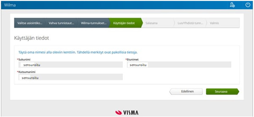 Käyttäjän tiedot -sivulla lisätään oma Sukunimi, etunimet ja kutsumanimi, kohdat ovat pakollisia. Jatka eteenpäin klikkaamalla seuraava.