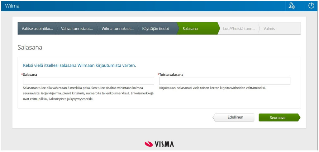 Keksi itsellesi salasana Wilmaan kirjautumista varten, toista salasana viereisessä ruudussa, molemmat ovat pakollisia.