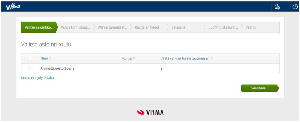 Valitse asiointikoulu -otsikon alla valikossa on valittavissa Ammattiopisto Spesia.