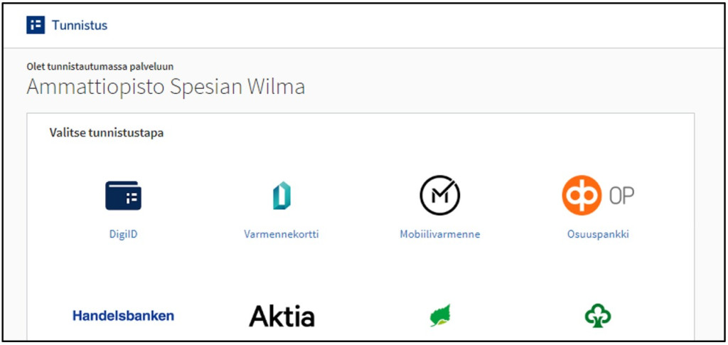 Tunnistus-sivulla valittavissa pankkien lisäksi Varmennekortti ja Digi-ID. 