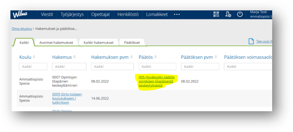 Päätös 005 Hakemukset ja päätökset -listassa korostettuna.