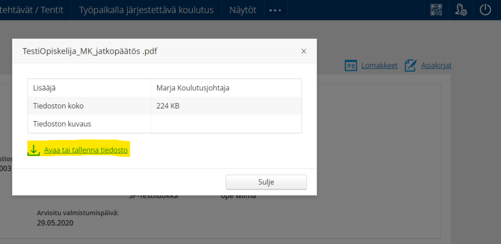 Tallennuskuvake ja korostettuna teksti Avaa ja tallenna tiedosto -kohta.