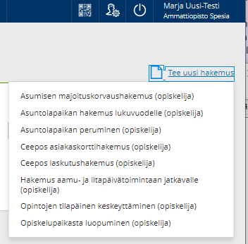 Tee Uusi hakemus -kohdasta avautuu alasvetovalikko.