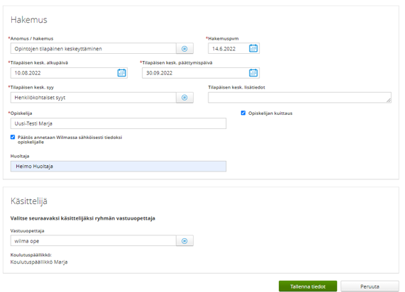 Täytetty lomake, jossa Opiskelijan kuittaus raksittuna.