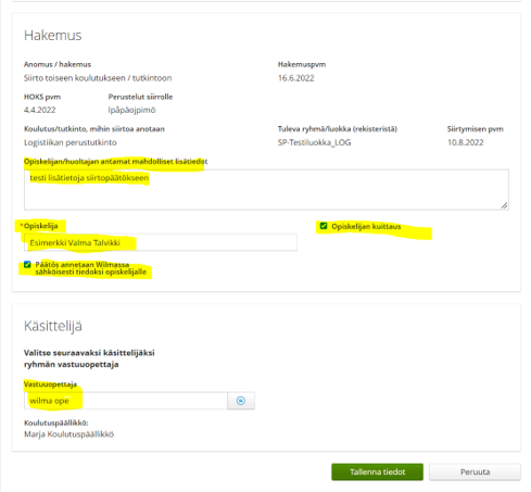 Käsittelijä-otsikon alla Vastuuopettaja-kenttä.