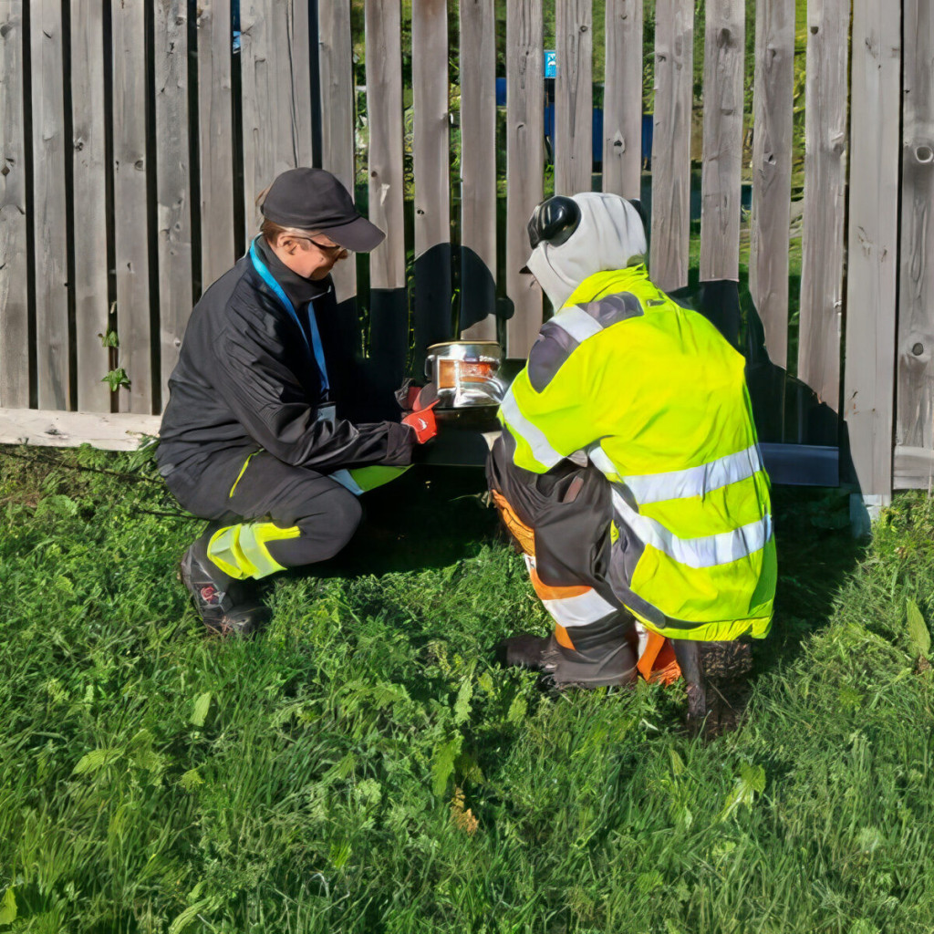 Kaksi miestä kyykyssä aidan vieressä ulkotyövaatteet päällä.