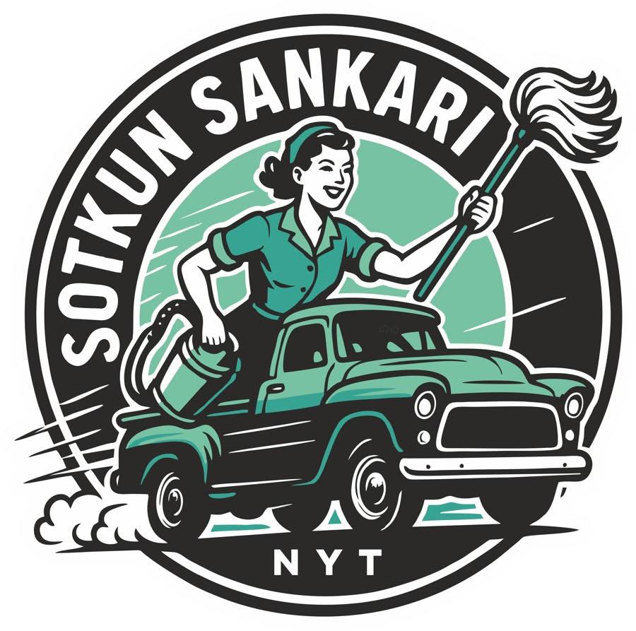 Retrotyylinen piirros, jossa nainen seisoo vihreän kuorma-auton lavalla pitäen moppia ja sankoa. Kuvan yläosassa lukee "Sotkun Sankari" ja alareunassa "NYT".