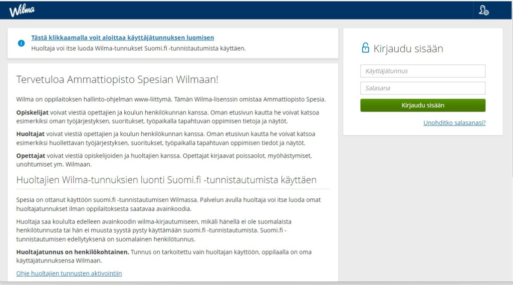 Wilman etusivulla vasemmassa yläkulmassa on linkki tunnusten luomiseen.