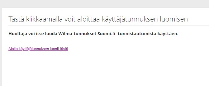 Teksti sivulla: Tästä klikkaamalla voit aloittaa käyttäjätunnusten luomisen, jonka alla viimeisenä linkki.