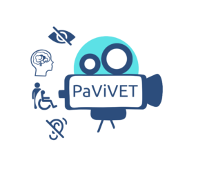 Kuvakkeita kuvaamassa fyysisiä rajoituksia kuten sokeus ja kuurous. Hankkeen nimi tekstimuodossa: PaViVET.
