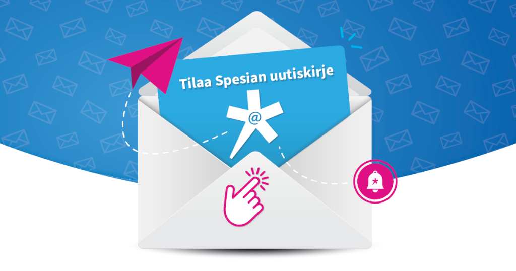 Piirretty kortti, jossa lukee "Tilaa Spesian uutiskirje".