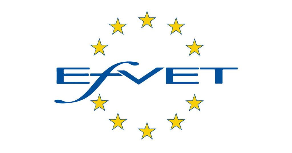 EfVET-logo, jossa teksti 'EfVET' on keskellä ja ympärillä on kaksitoista keltaista tähteä, jotka muodostavat ympyrän valkoisella taustalla.