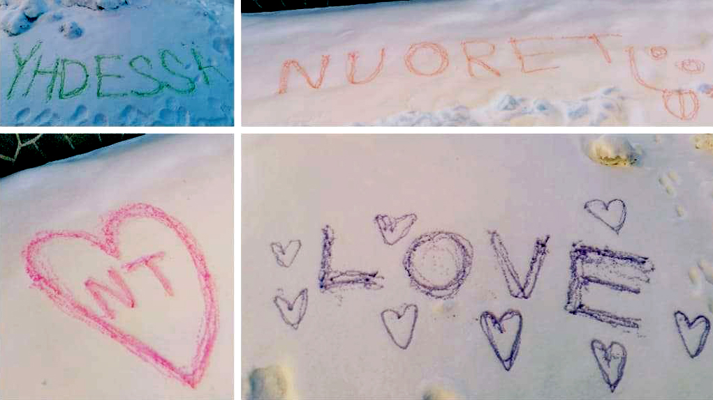 Värillisiä tekstejä ja sydämiä lumella: yhdessä, nuoret ja love.
